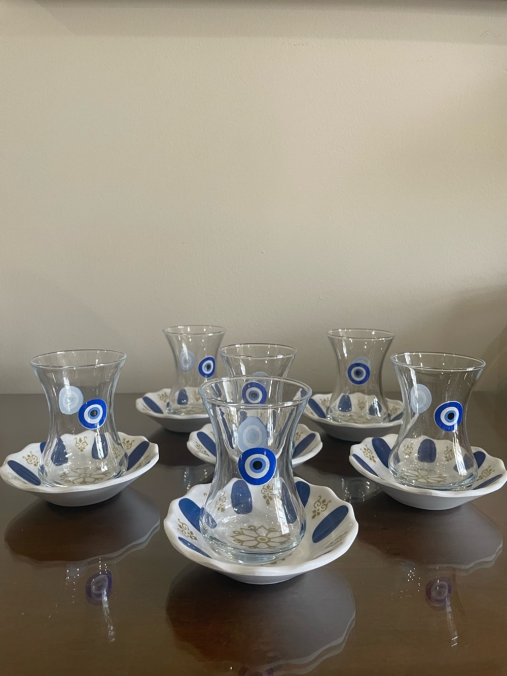 Turkish Tea Cups Evil Eye Design With Saucers Set of 6